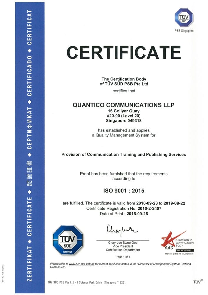 Quantico Copywriting Course Singapore's ISO 9001:2015 certification to conduct courses and publish training material.