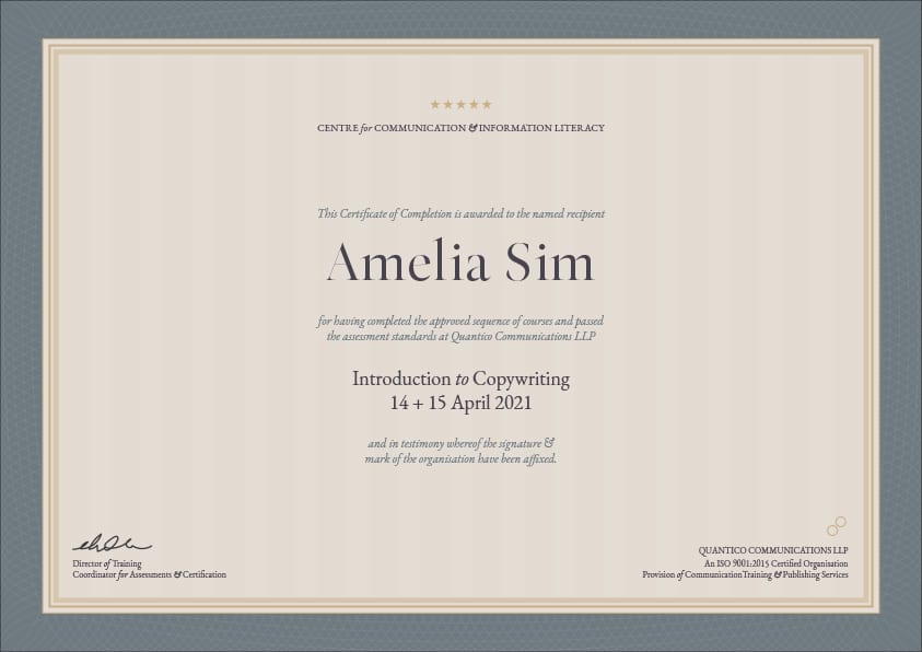Copywriting course Singapore certificate of completion sample.
