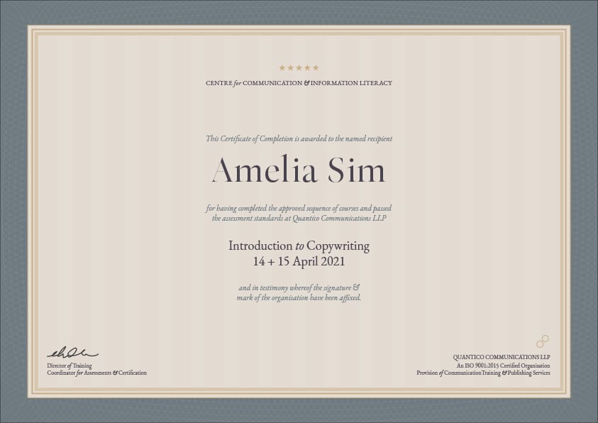 Copywriting course Singapore certificate of completion sample.